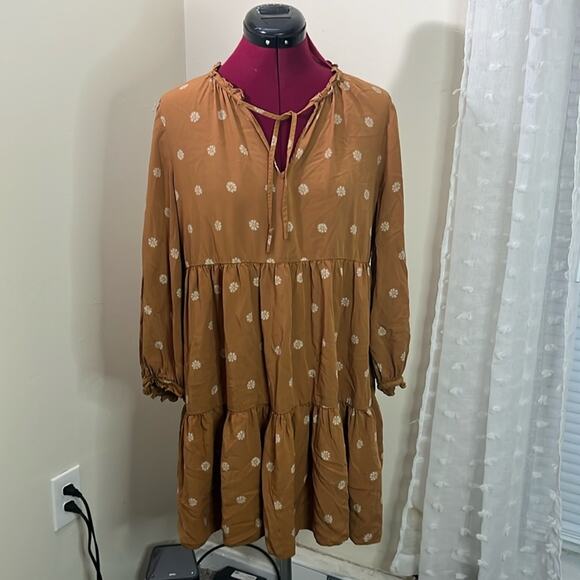 Madewell warm hickory bloom dot tie neck‎ tiered mini dress size medium - Picture 2 of 8